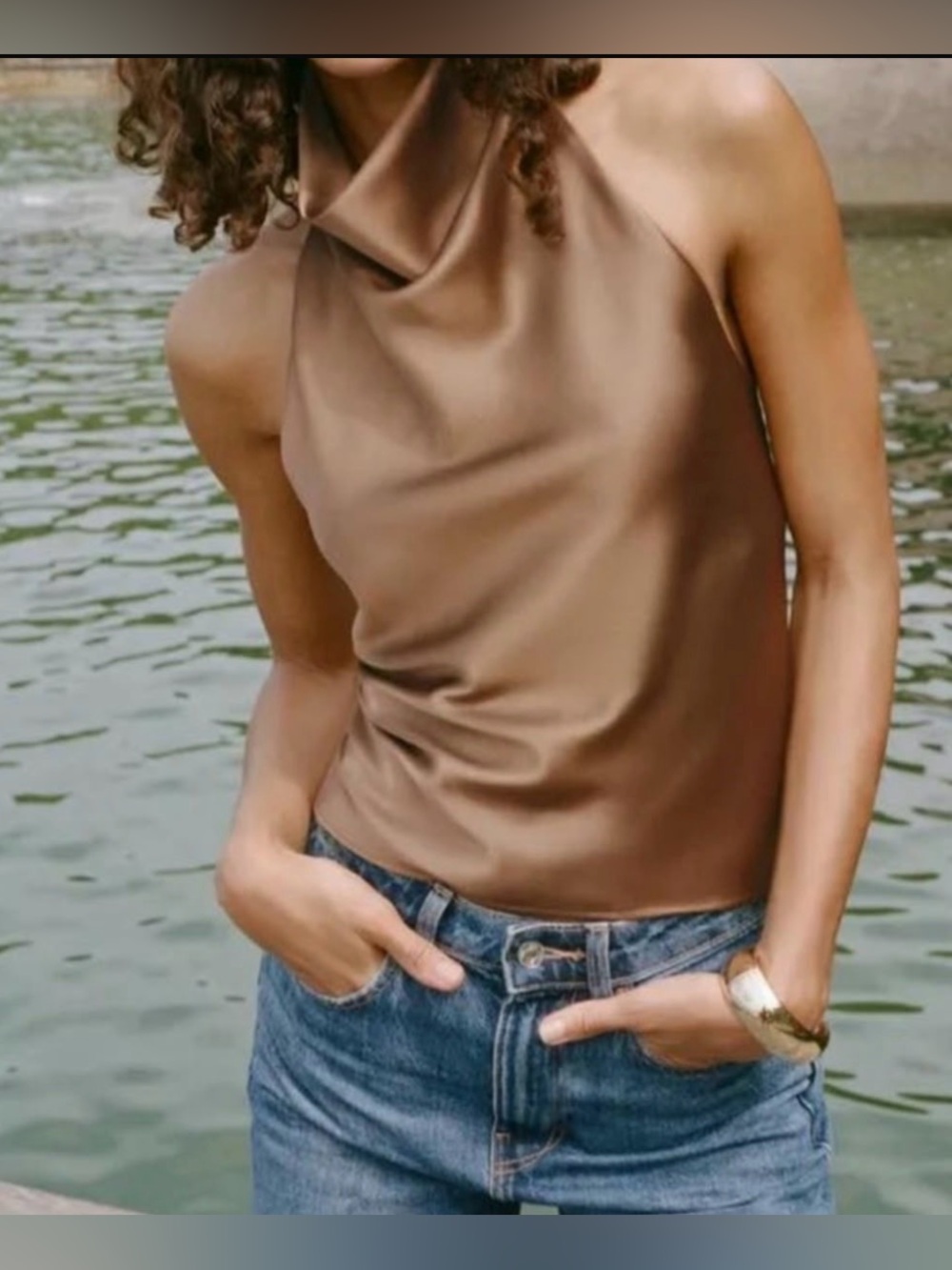 ZARA Brown Satin Halter Top Size L Sleeveless High Neck